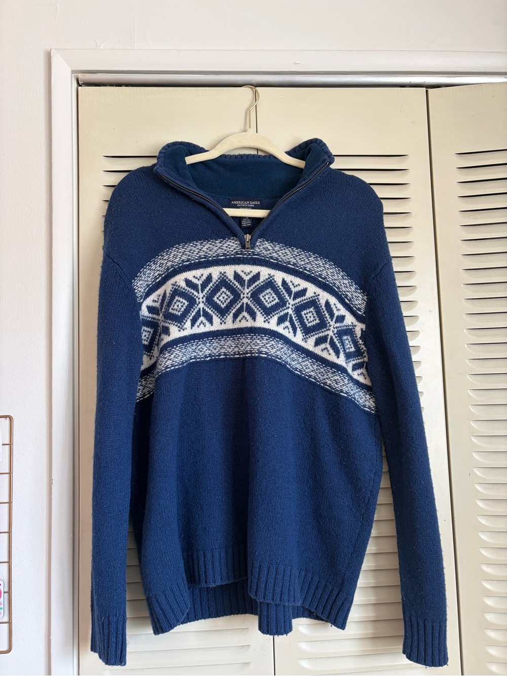American Eagle Outfitters Navy and White Zip-Neck Nordic Sweater